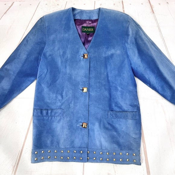 Vintage 90’s Danier Canada Blue Suede Leather Studded Blazer Jacket - Picture 7 of 9